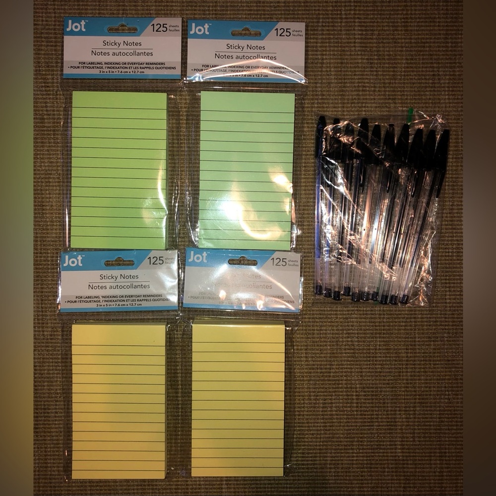 Lot Of 4 Jot Lined 3x5” Sticky Note Pads 125 Sheets Each + 10 BIC Black Pens